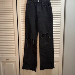 Zara Black Distressed Wide Leg Jeans
